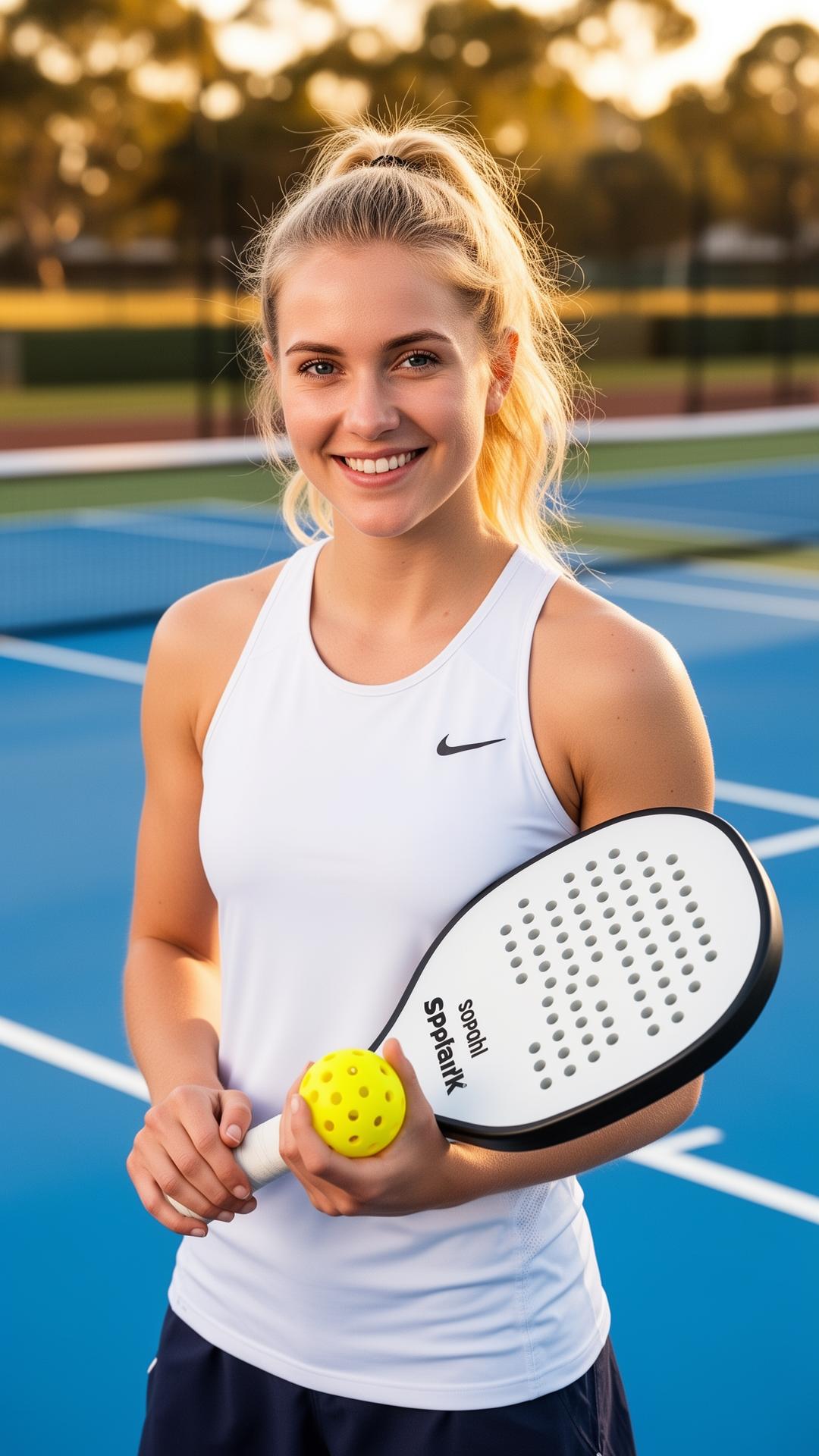 Sophi holding a pickleball paddle and ball on a pickleball court.