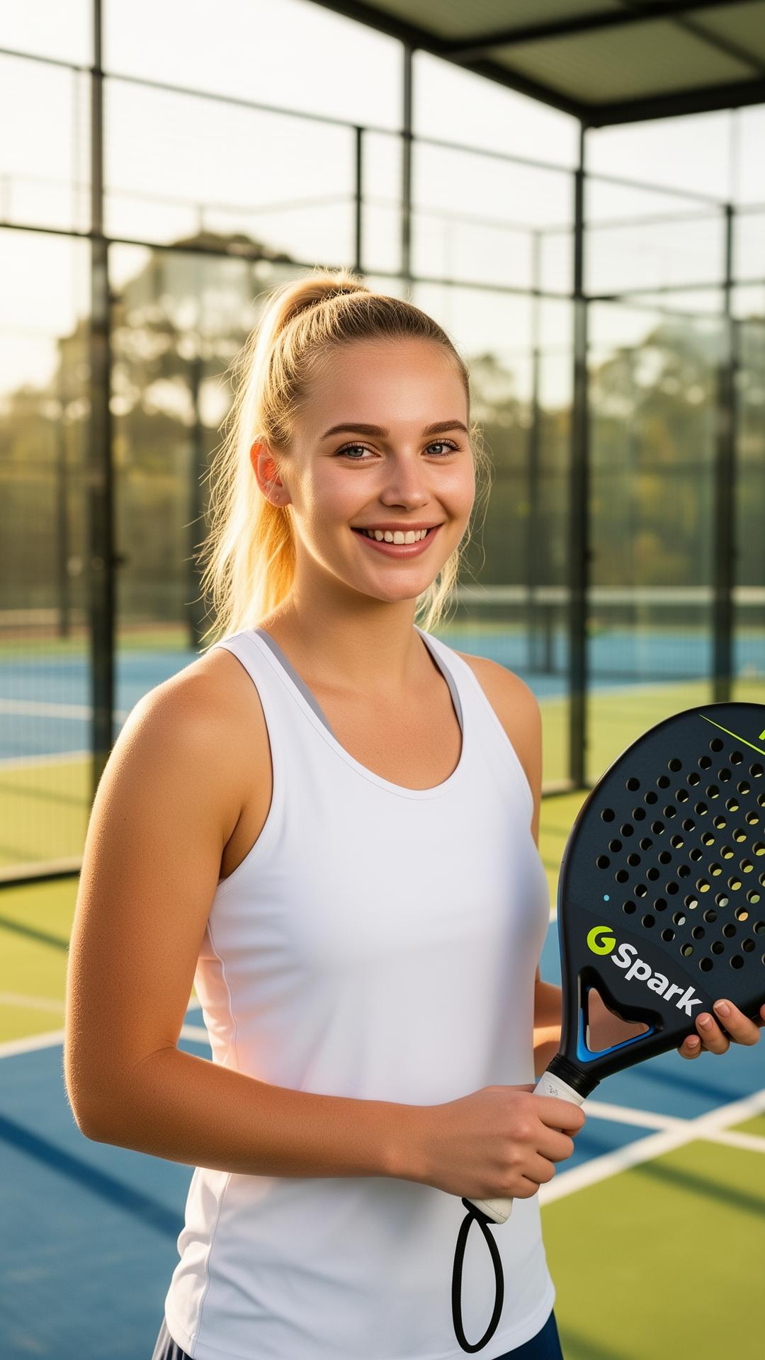 Sophi holding a padel racket on a modern padel court with glass walls.