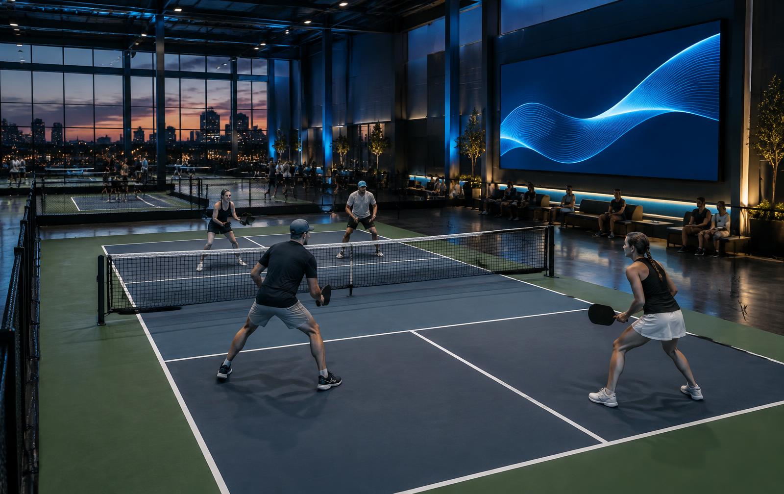 Pickleball players on a connected court with a glowing courtside display